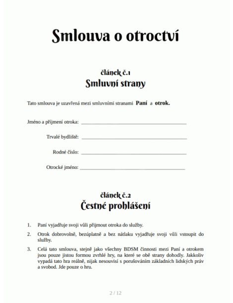 BDSM smlouva o otroctví , Paní a otrok