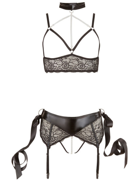 Set erotického prádla s podvazky, obojkem a saténovými pouty , BONDAGE Cottelli Collection