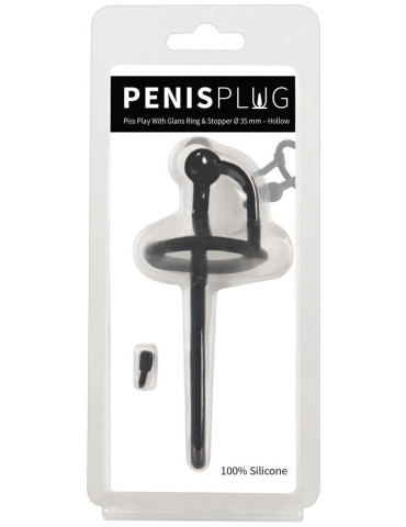 Silikonový dutý dilatátor Piss Play , s kroužkem za žalud a zátkou, 6 mm